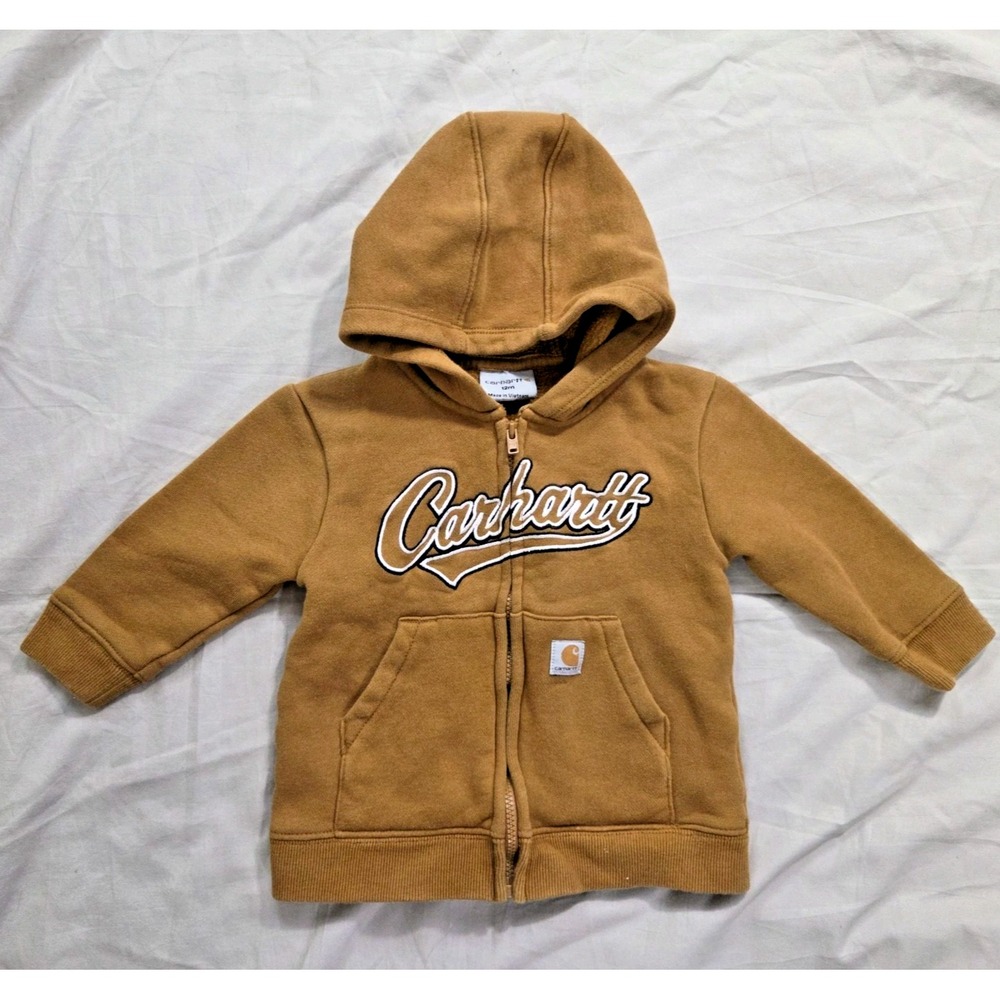 Boys CARHARTT Embroidered Zip-Up HOODIE Kids 12M Brown Cursive Spellout *MINT*